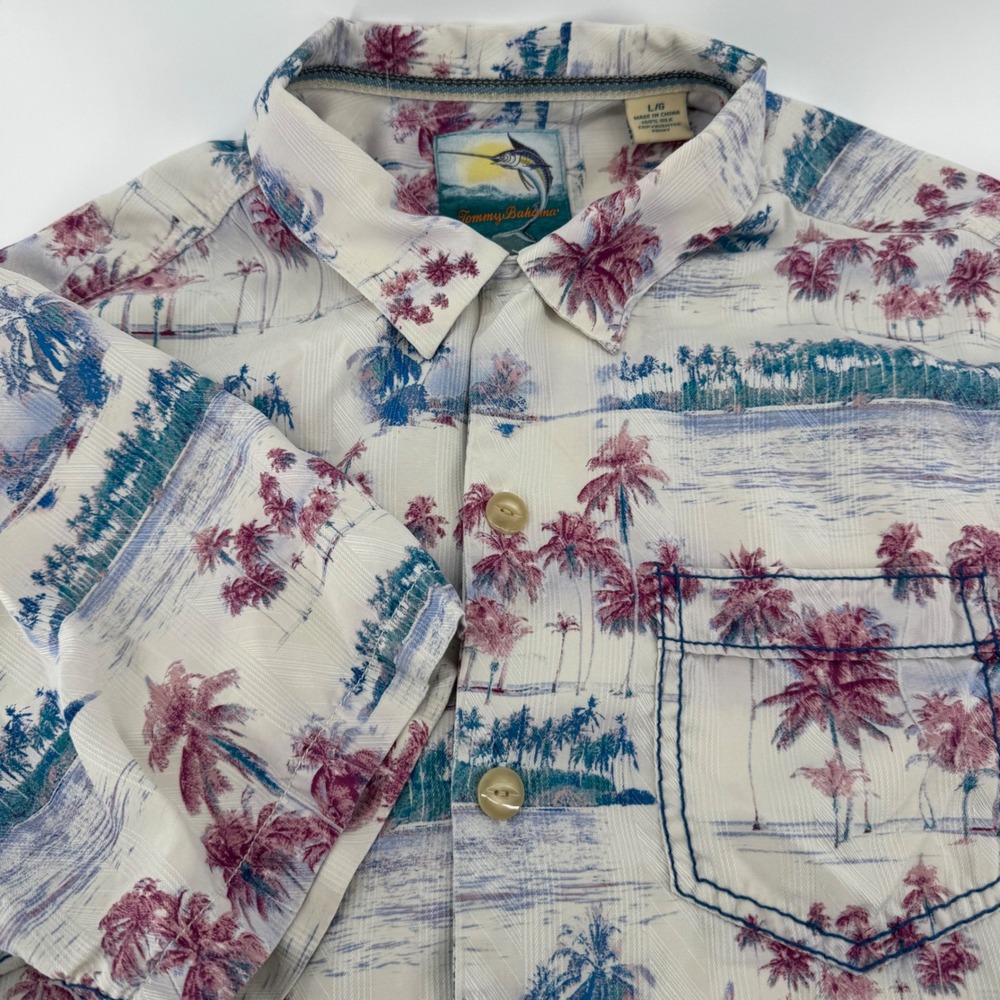 Tommy Bahama Mens Large Silk Tropical Island Modern Fit Short Sleeve Shirt Cream